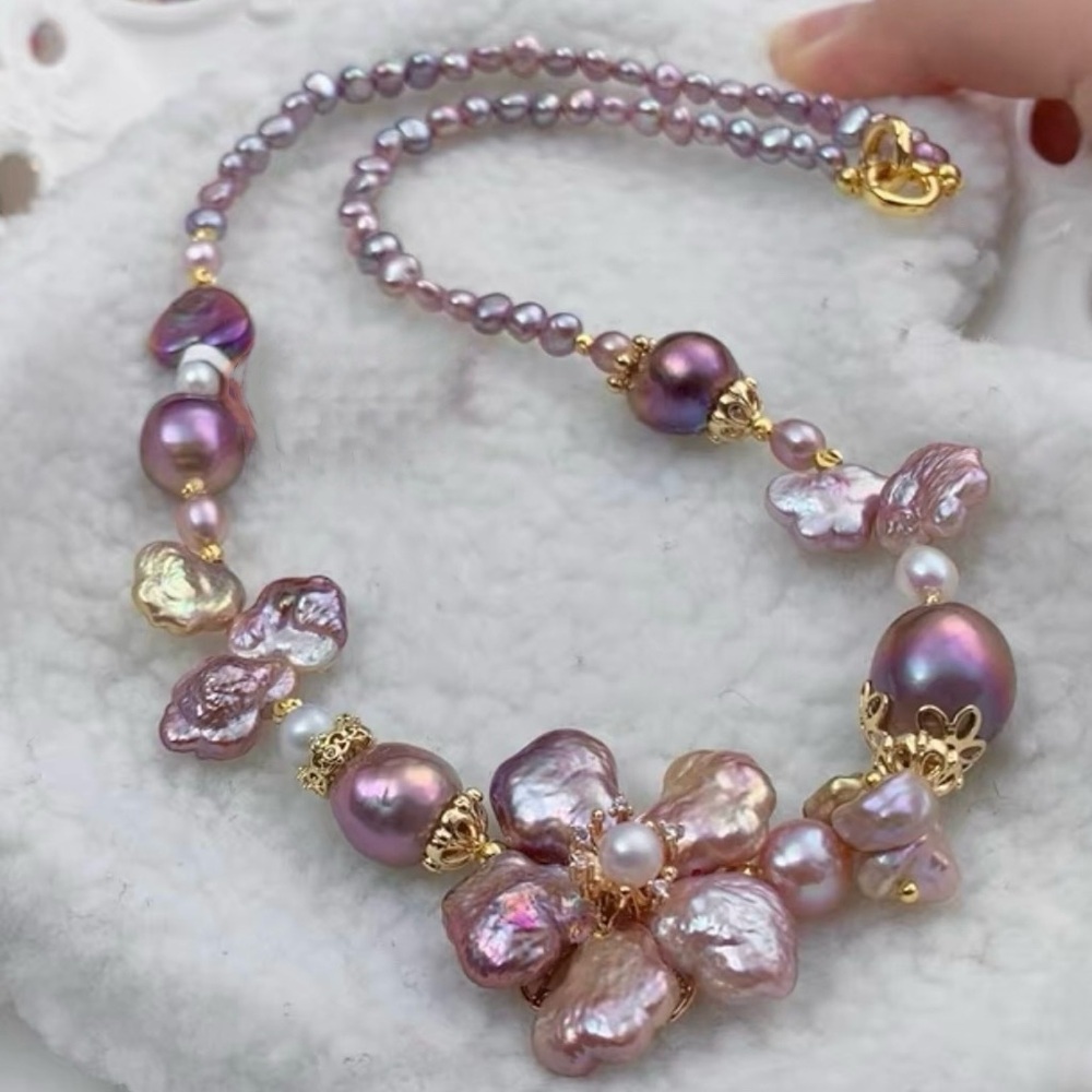 Natural Purple Freshwater Pearl Flower Necklace | Handmade Baroque Pearl Jewelry